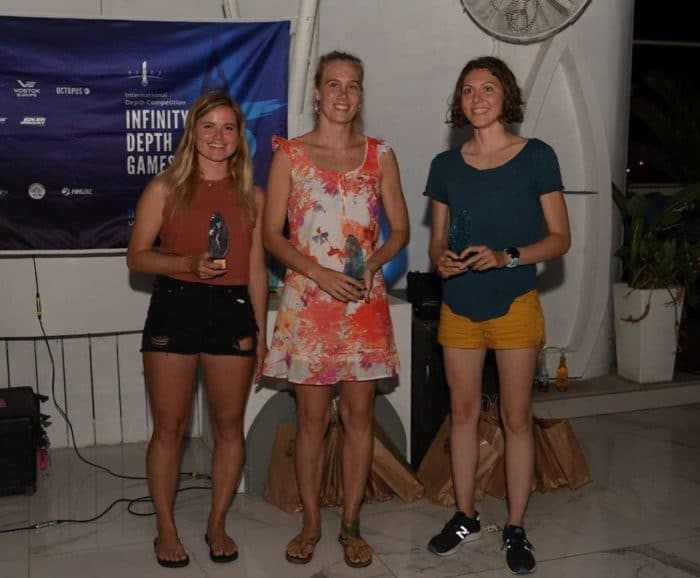 The Wrap-up and Winners of Infinity Depth Games 5 Long live the Queen! Alice Hickson smashes British CNF records (L to R Zipfel of Norway takes Bronze, Christiansen of Denmark takes silver, and Alice Hickson of GBR takes gold. Photo by Costas Costatninou)
